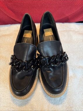 Dolce Vita Black Leather Chain-Trim Loafers with Tan Sole